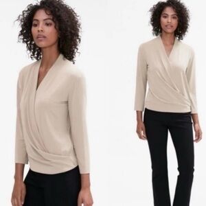 MM Lafleur Cream V-Neck Faux Wrap Drapey Italian Knit Blouse Professional Blouse